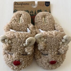 Dearfoams Kids Slippers Christmas Reindeer Tan/Red Size 2 3 NWT